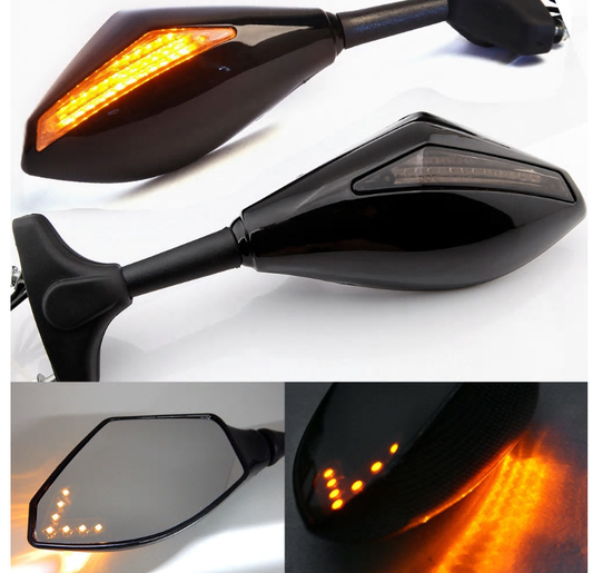 Motorcycle Mirrors for Honda, Kawasaki, Suzuki, Yamaha, Ducati, Triumph – Brand New with LED Turn Signals